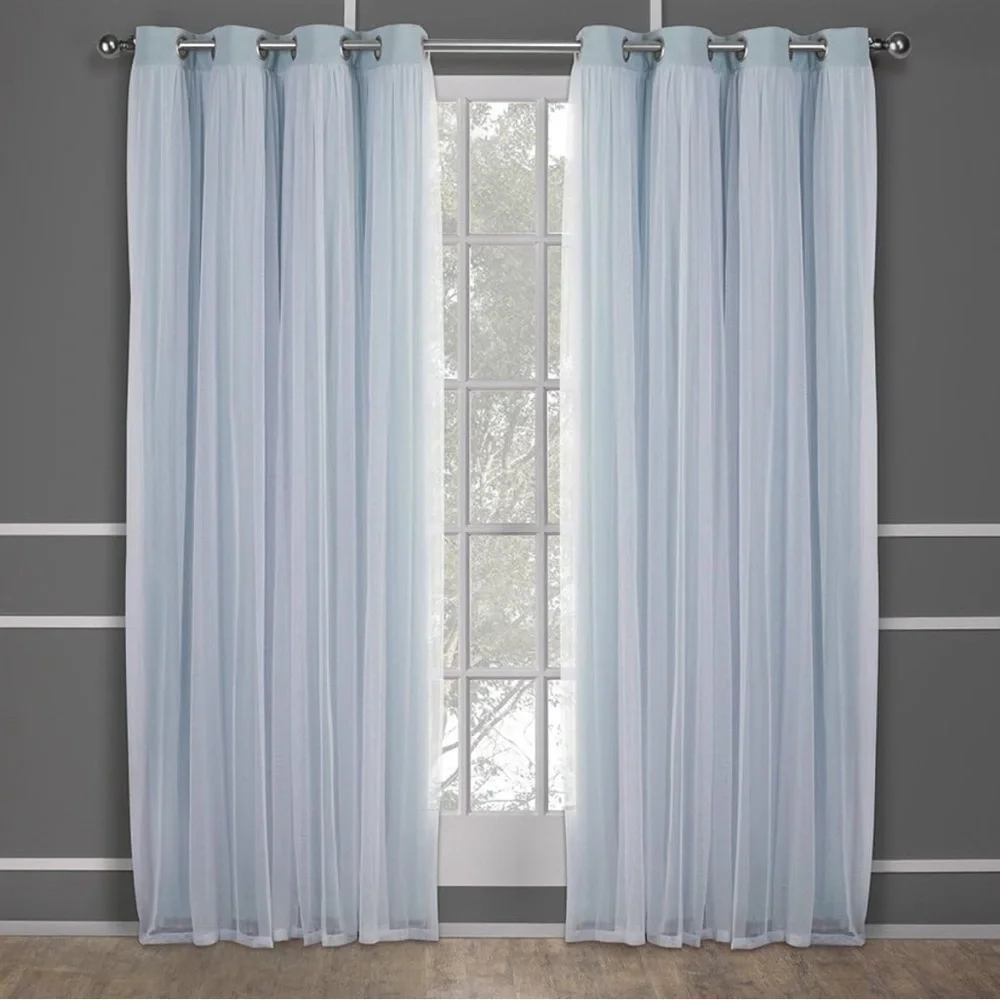 Light Blue and White Layered Grommet Window Curtains